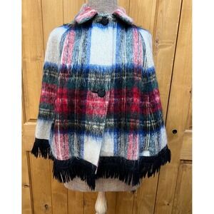 Strathay Scotland Tartan Poncho Cape Small Wool Mohair  Fringe Vtg 60's